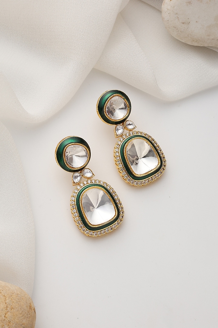Gold Finish Green Kundan Polki Handcrafted Dangler Earrings by Swabhimann Jewellery at Pernia's Pop Up Shop
