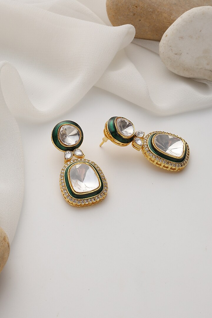 Gold Finish Green Kundan Polki Handcrafted Dangler Earrings by Swabhimann Jewellery at Pernia's Pop Up Shop
