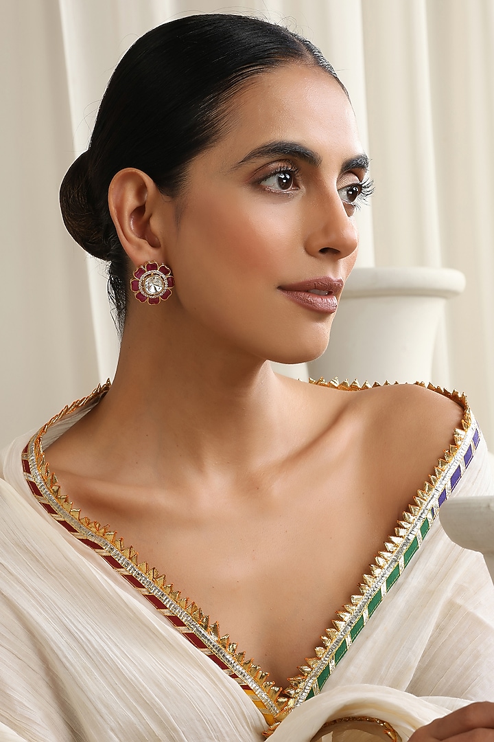 Gold Finish Red Kundan Polki Handcrafted Stud Earrings by Swabhimann Jewellery at Pernia's Pop Up Shop