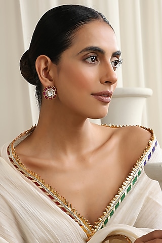 Gold Finish Red Kundan Polki Handcrafted Stud Earrings by Swabhimann Jewellery