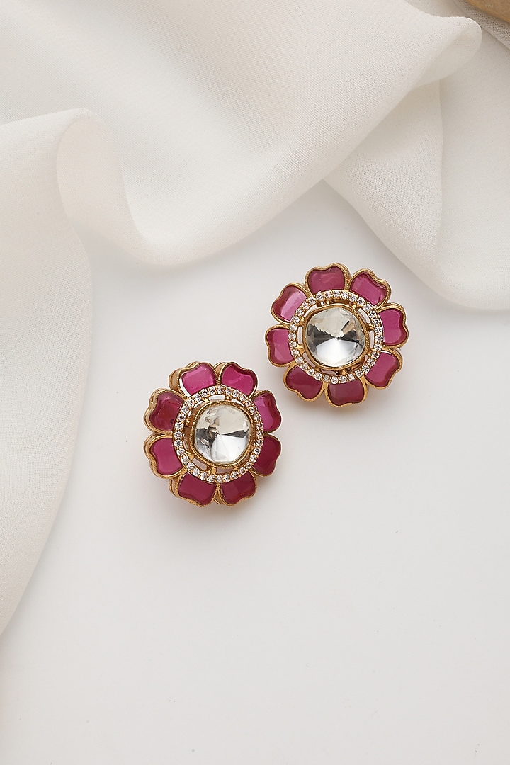 Gold Finish Red Kundan Polki Handcrafted Stud Earrings by Swabhimann Jewellery at Pernia's Pop Up Shop