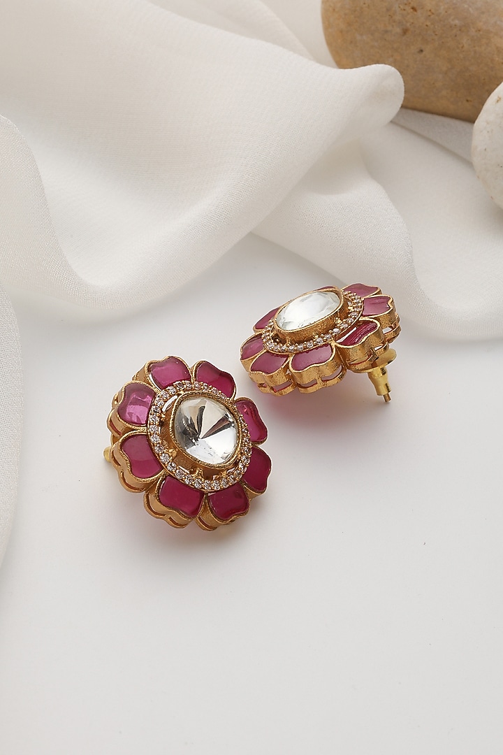 Gold Finish Red Kundan Polki Handcrafted Stud Earrings by Swabhimann Jewellery at Pernia's Pop Up Shop