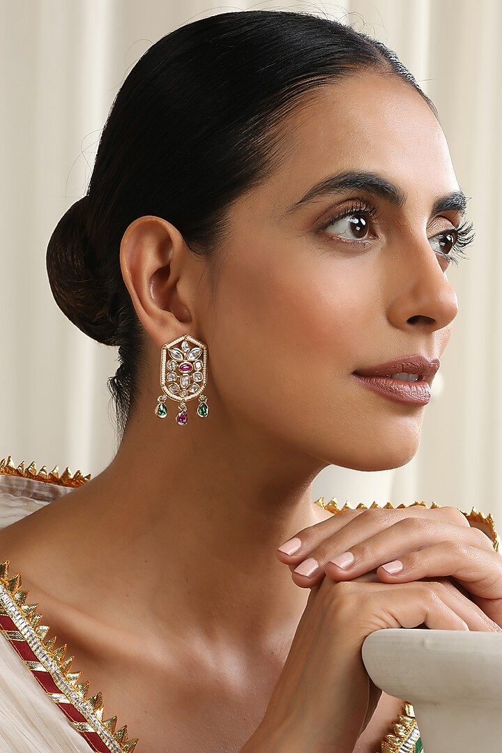 Rose Gold Finish Multi-Colored Kundan Polki Handcrafted Stud Earrings by Swabhimann Jewellery at Pernia's Pop Up Shop