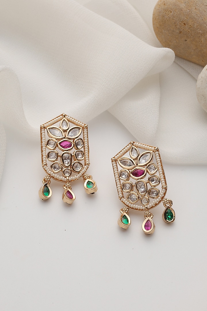 Rose Gold Finish Multi-Colored Kundan Polki Handcrafted Stud Earrings by Swabhimann Jewellery at Pernia's Pop Up Shop