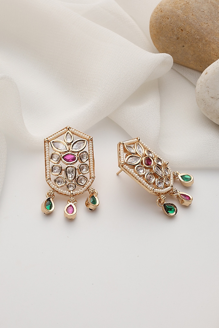 Rose Gold Finish Multi-Colored Kundan Polki Handcrafted Stud Earrings by Swabhimann Jewellery at Pernia's Pop Up Shop