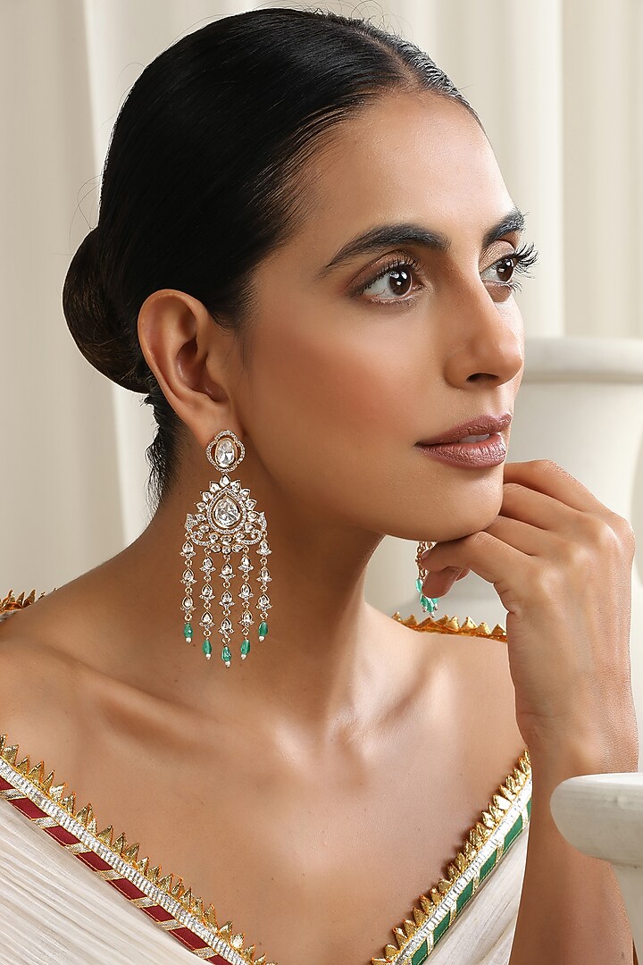 Rose Gold Finish Mint Kundan Polki Handcrafted Dangler Earrings by Swabhimann Jewellery at Pernia's Pop Up Shop