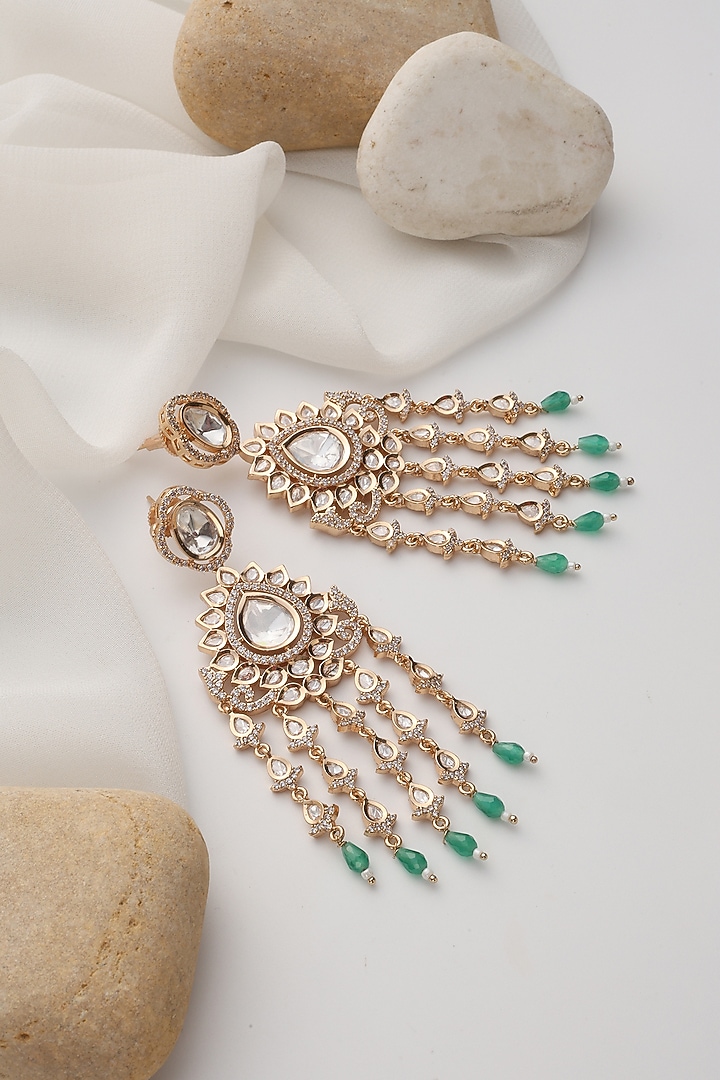 Rose Gold Finish Mint Kundan Polki Handcrafted Dangler Earrings by Swabhimann Jewellery at Pernia's Pop Up Shop