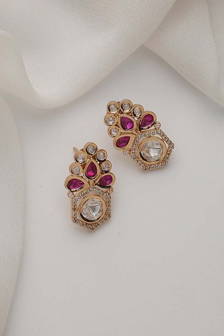 Rose Gold Finish Red Kundan Polki Handcrafted Stud Earrings by Swabhimann Jewellery at Pernia's Pop Up Shop