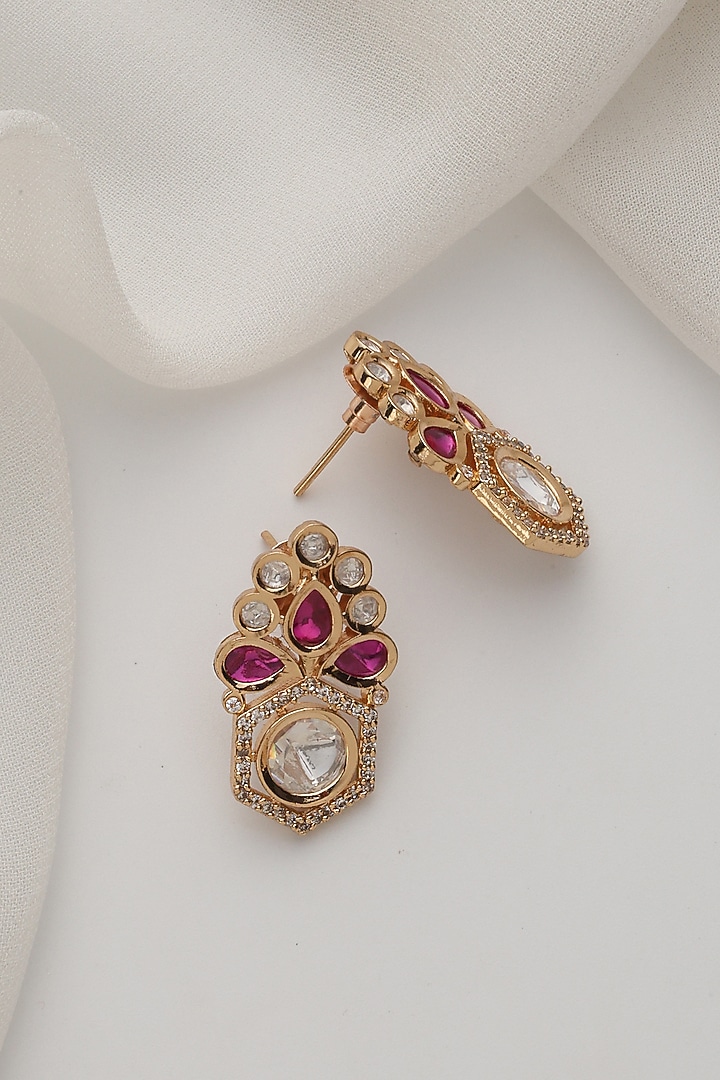 Rose Gold Finish Red Kundan Polki Handcrafted Stud Earrings by Swabhimann Jewellery at Pernia's Pop Up Shop