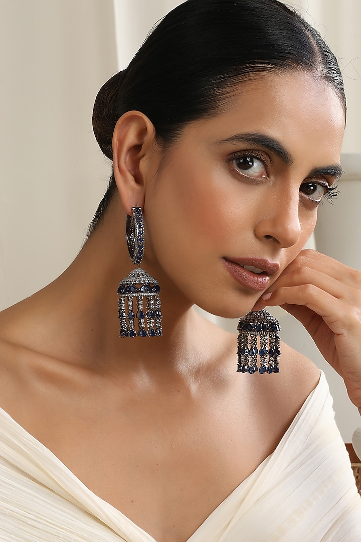 White Finish Blue Zirconia Handcrafted Jhumka Earrings by Swabhimann Jewellery at Pernia's Pop Up Shop