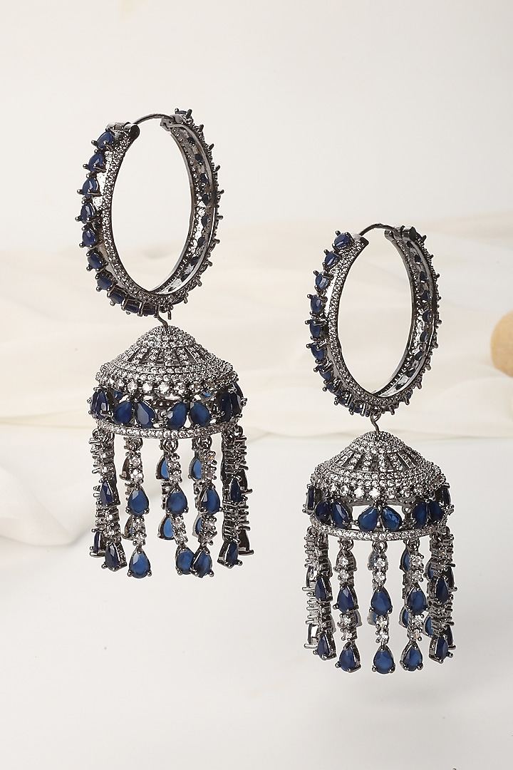 White Finish Blue Zirconia Handcrafted Jhumka Earrings by Swabhimann Jewellery at Pernia's Pop Up Shop