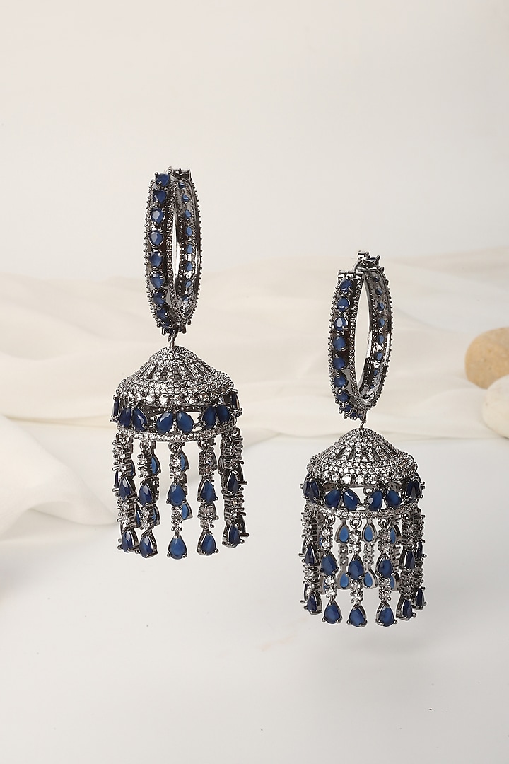 White Finish Blue Zirconia Handcrafted Jhumka Earrings by Swabhimann Jewellery at Pernia's Pop Up Shop