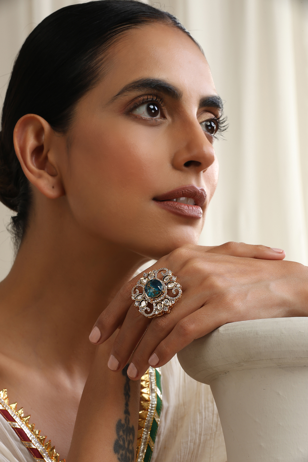 Gold Finish Blue Zirconia & Kundan Polki Handcrafted Ring by Swabhimann Jewellery at Pernia's Pop Up Shop