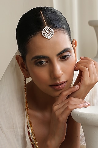 Rose Gold Finish Kundan Polki Handcrafted Maangtikka by Swabhimann Jewellery