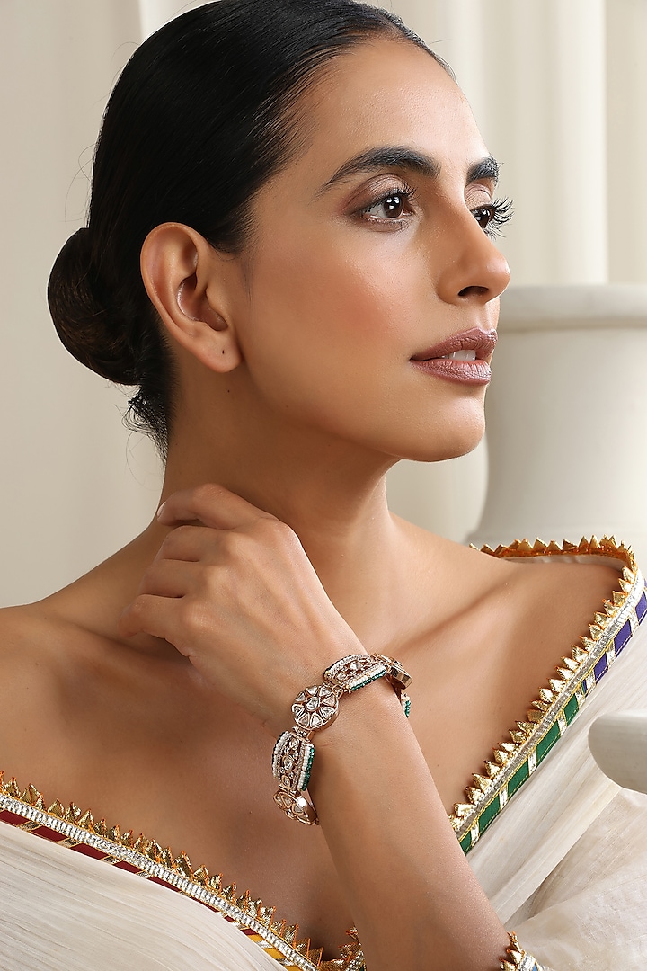 Rose Gold Finish Green Kundan Polki Handcrafted Openable Bracelet by Swabhimann Jewellery at Pernia's Pop Up Shop