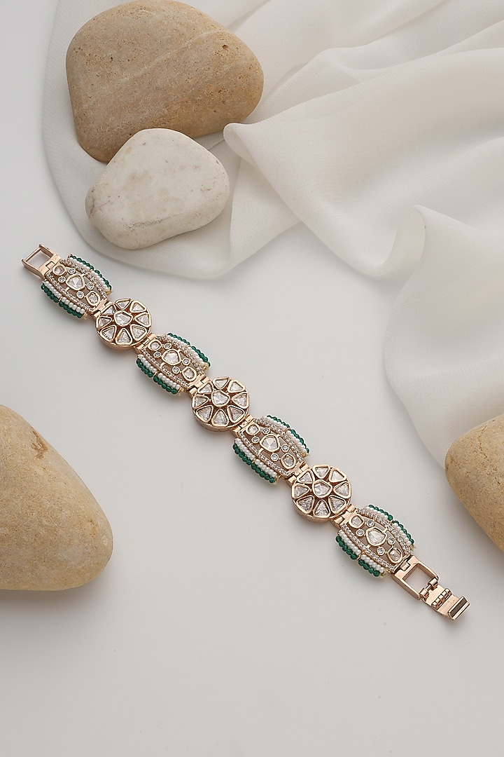 Rose Gold Finish Green Kundan Polki Handcrafted Openable Bracelet by Swabhimann Jewellery at Pernia's Pop Up Shop