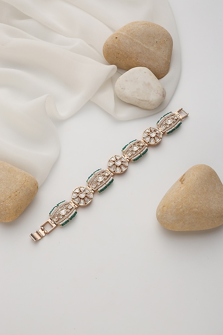 Rose Gold Finish Green Kundan Polki Handcrafted Openable Bracelet by Swabhimann Jewellery at Pernia's Pop Up Shop
