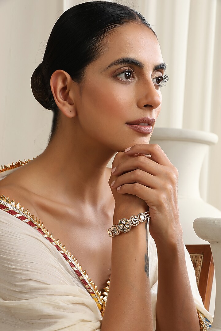 Rose Gold Finish Green Kundan Polki Handcrafted Openable Bracelet by Swabhimann Jewellery at Pernia's Pop Up Shop