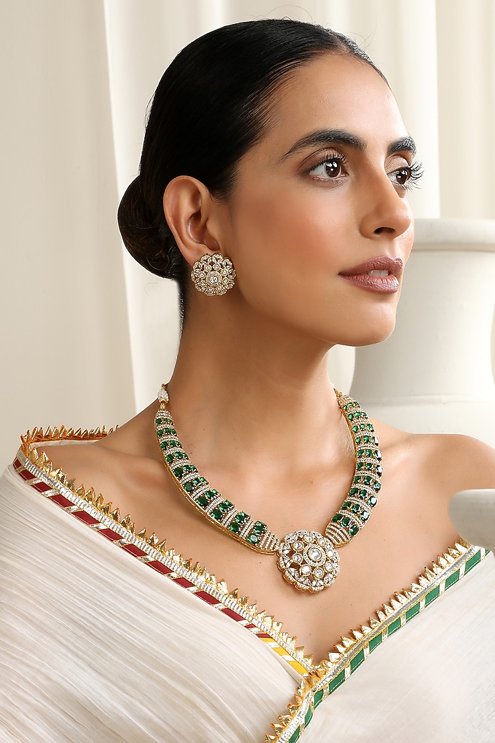 Gold Finish Green Kundan Polki Handcrafted Necklace Set by Swabhimann Jewellery at Pernia's Pop Up Shop