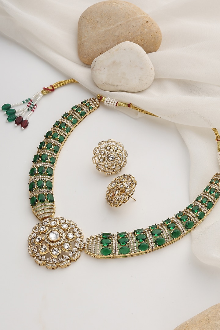 Gold Finish Green Kundan Polki Handcrafted Necklace Set by Swabhimann Jewellery at Pernia's Pop Up Shop