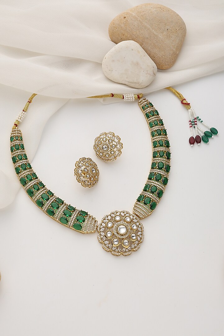 Gold Finish Green Kundan Polki Handcrafted Necklace Set by Swabhimann Jewellery at Pernia's Pop Up Shop