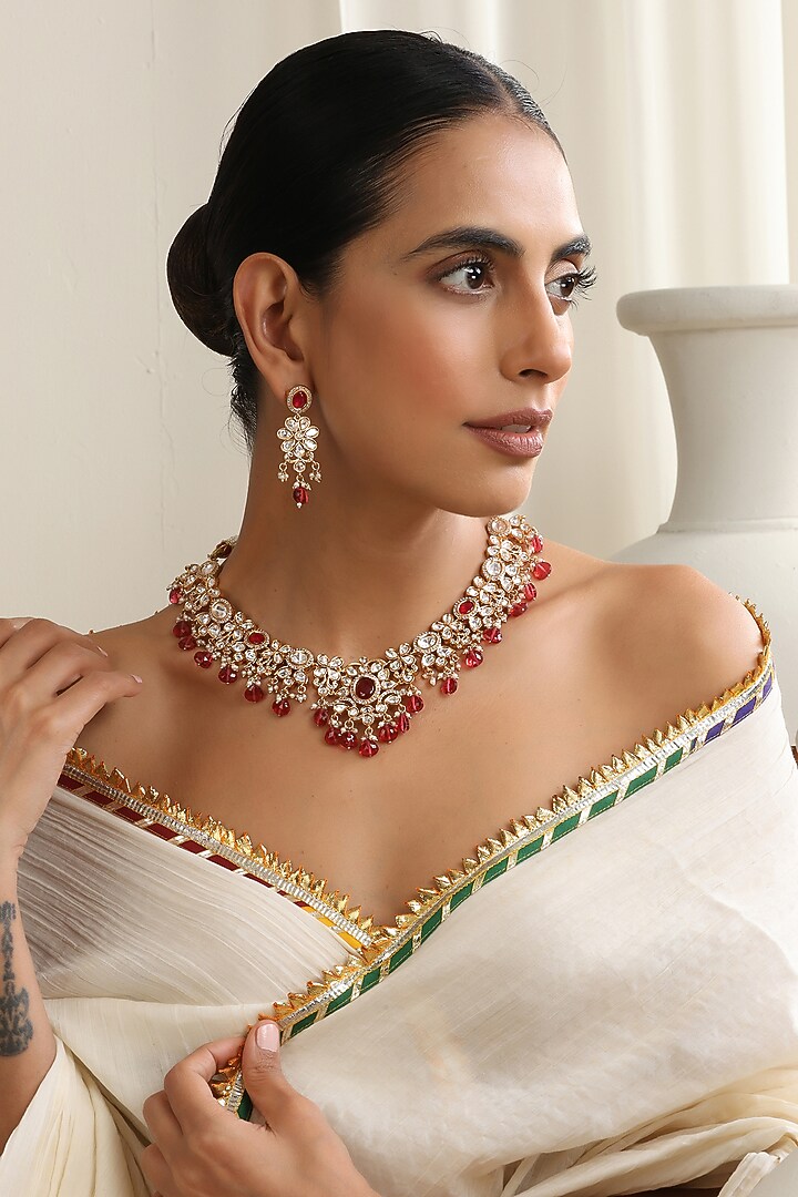 Rose Gold Finish Red Kundan Polki Handcrafted Necklace Set by Swabhimann Jewellery at Pernia's Pop Up Shop