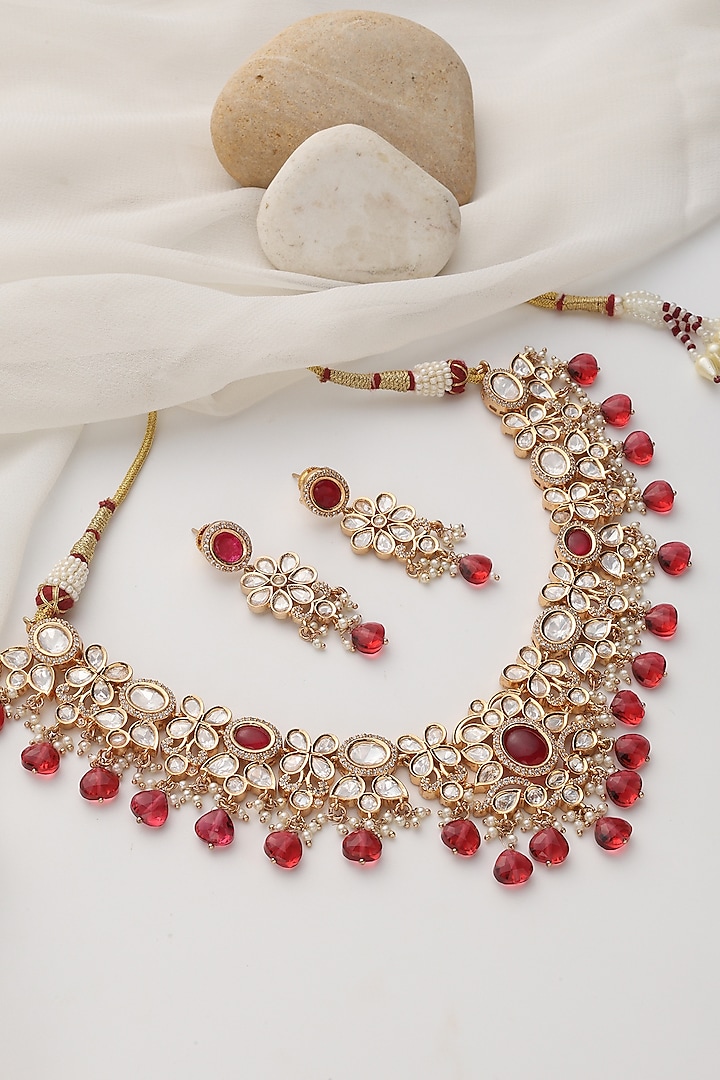 Rose Gold Finish Red Kundan Polki Handcrafted Necklace Set by Swabhimann Jewellery at Pernia's Pop Up Shop