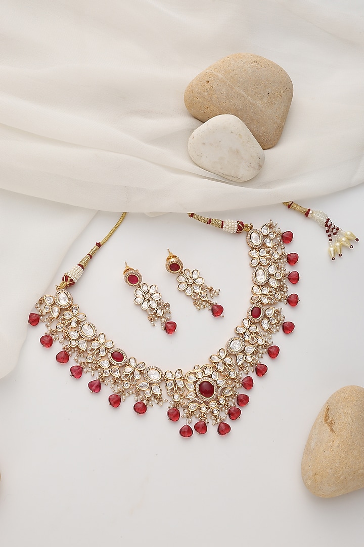 Rose Gold Finish Red Kundan Polki Handcrafted Necklace Set by Swabhimann Jewellery at Pernia's Pop Up Shop