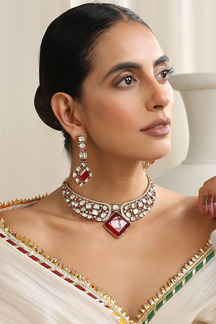Rose Gold Finish Red Kundan Polki Handcrafted Choker Necklace Set by Swabhimann Jewellery at Pernia's Pop Up Shop