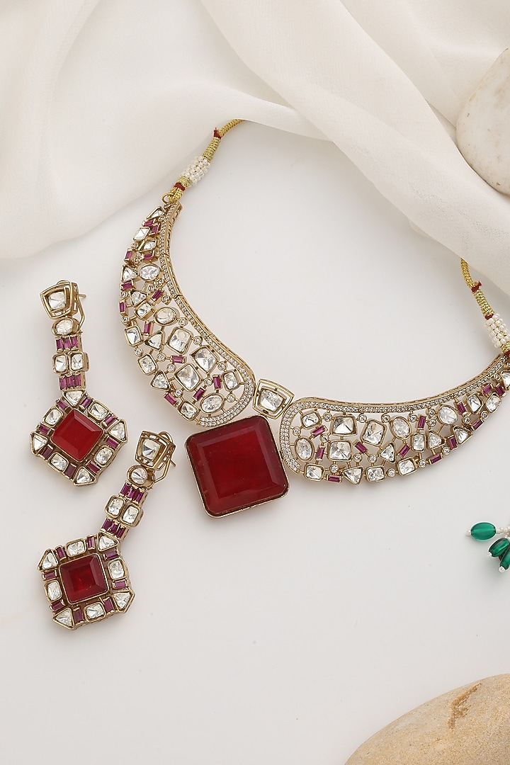Rose Gold Finish Red Kundan Polki Handcrafted Choker Necklace Set by Swabhimann Jewellery at Pernia's Pop Up Shop