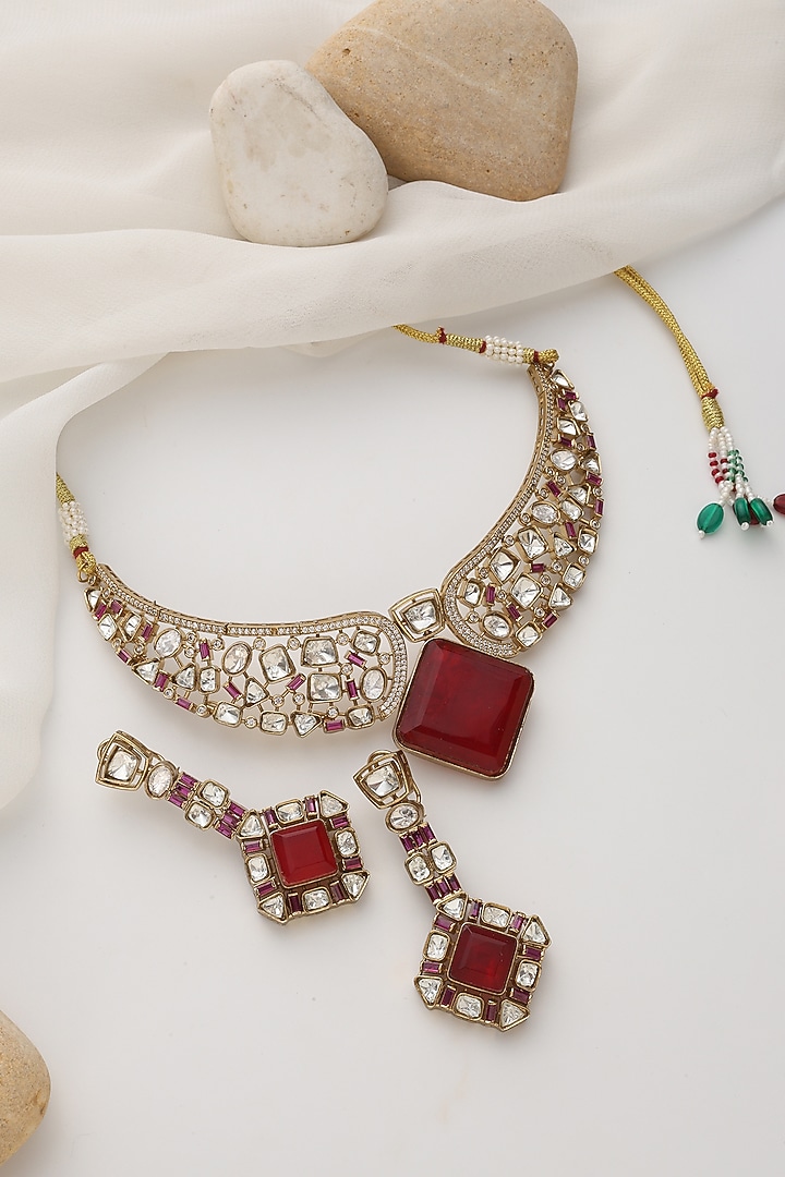 Rose Gold Finish Red Kundan Polki Handcrafted Choker Necklace Set by Swabhimann Jewellery at Pernia's Pop Up Shop