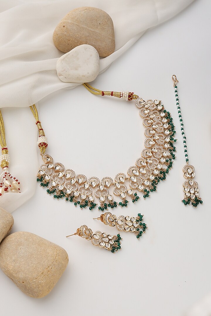 Rose Gold Finish Green Kundan Polki Handcrafted Necklace Set by Swabhimann Jewellery at Pernia's Pop Up Shop