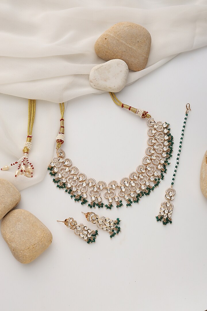 Rose Gold Finish Green Kundan Polki Handcrafted Necklace Set by Swabhimann Jewellery at Pernia's Pop Up Shop