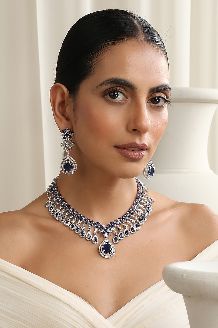 White Finish Blue Zirconia Handcrafted Necklace Set by Swabhimann Jewellery at Pernia's Pop Up Shop