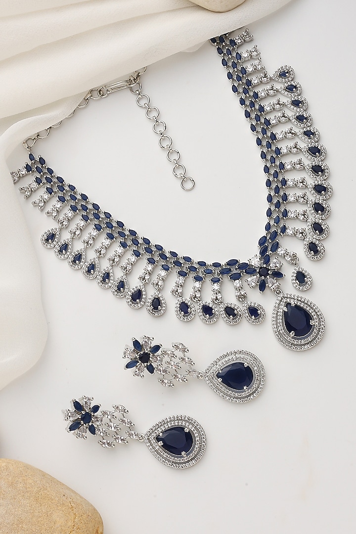 White Finish Blue Zirconia Handcrafted Necklace Set by Swabhimann Jewellery at Pernia's Pop Up Shop
