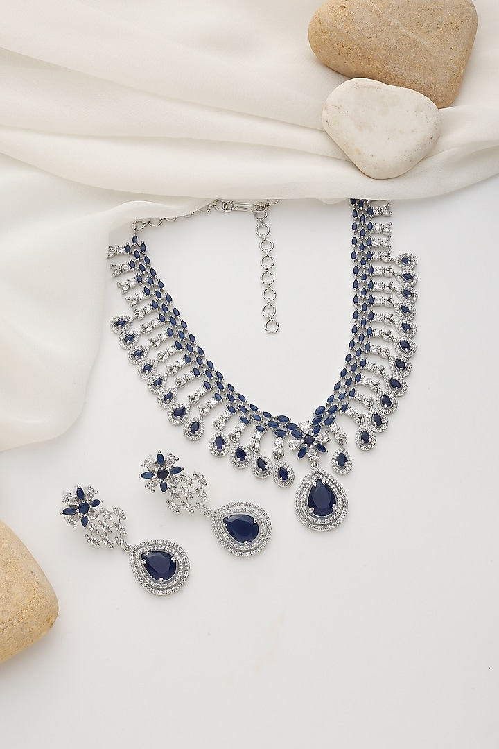 White Finish Blue Zirconia Handcrafted Necklace Set by Swabhimann Jewellery at Pernia's Pop Up Shop