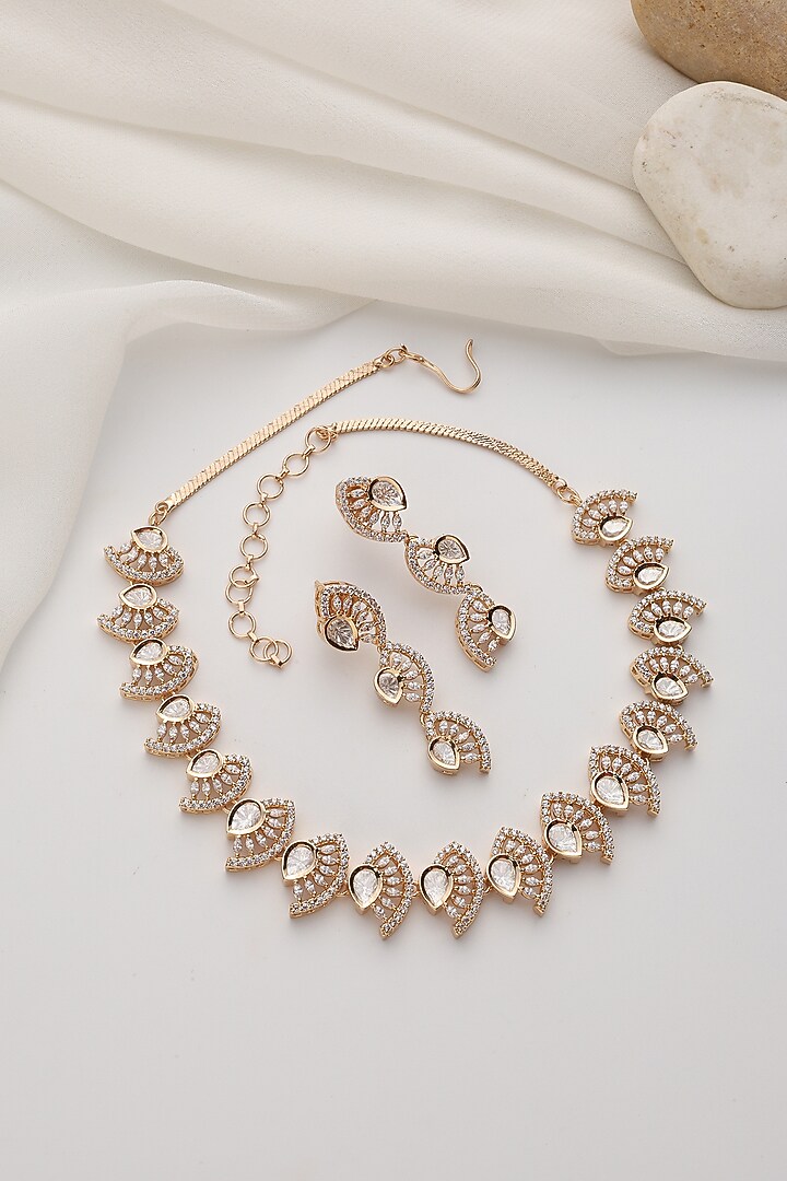 Rose Gold Finish Kundan Polki Handcrafted Necklace Set by Swabhimann Jewellery at Pernia's Pop Up Shop