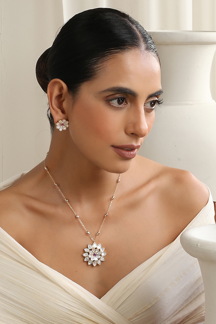 Rose Gold Finish Red Kundan Polki Handcrafted Pendant Necklace Set by Swabhimann Jewellery at Pernia's Pop Up Shop