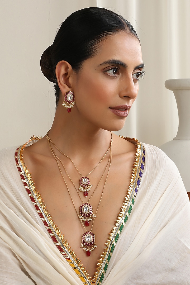 Gold Finish Red Kundan Polki Handcrafted Layered Necklace Set by Swabhimann Jewellery at Pernia's Pop Up Shop