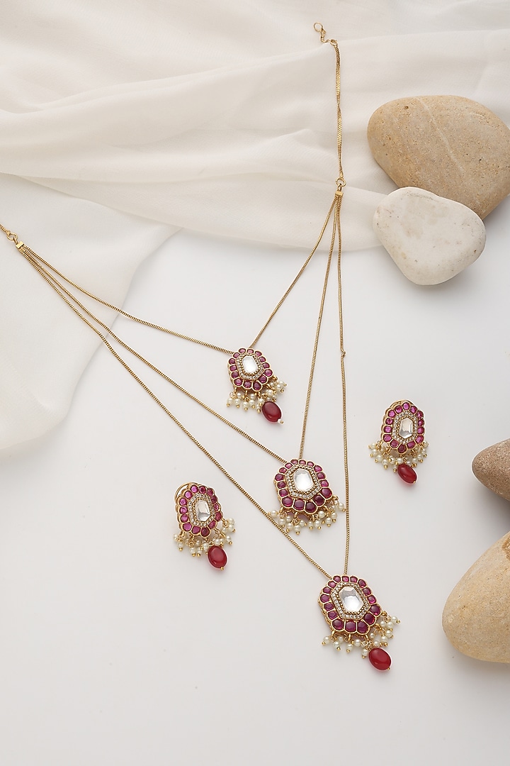 Gold Finish Red Kundan Polki Handcrafted Layered Necklace Set by Swabhimann Jewellery at Pernia's Pop Up Shop