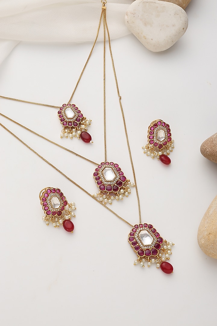 Gold Finish Red Kundan Polki Handcrafted Layered Necklace Set by Swabhimann Jewellery at Pernia's Pop Up Shop