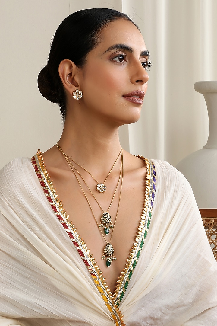 Gold Finish Green Kundan Polki Layered Handcrafted Necklace Set by Swabhimann Jewellery at Pernia's Pop Up Shop