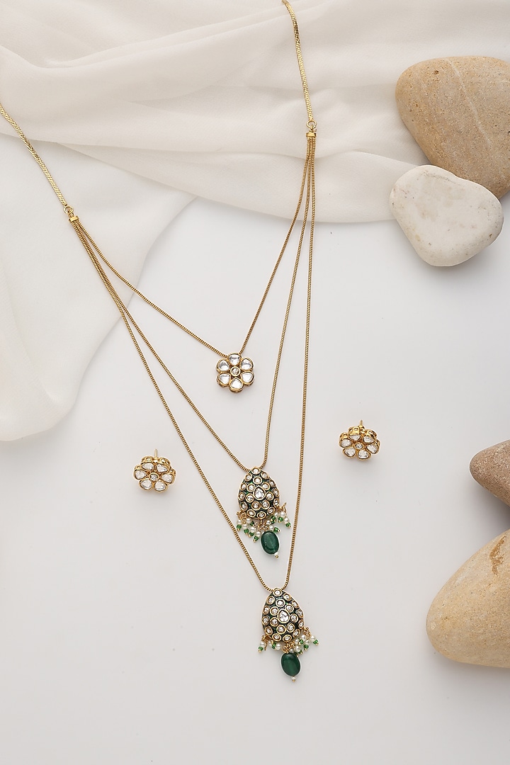 Gold Finish Green Kundan Polki Layered Handcrafted Necklace Set by Swabhimann Jewellery at Pernia's Pop Up Shop
