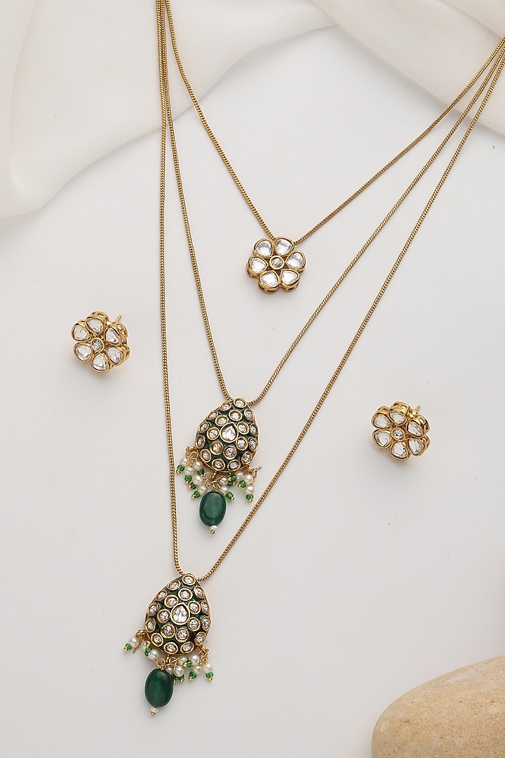 Gold Finish Green Kundan Polki Layered Handcrafted Necklace Set by Swabhimann Jewellery at Pernia's Pop Up Shop