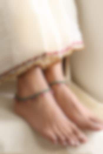 Gold Finish Green & Red Beaded Handcrafted Anklets (Set Of 2) by Swabhimann Jewellery at Pernia's Pop Up Shop
