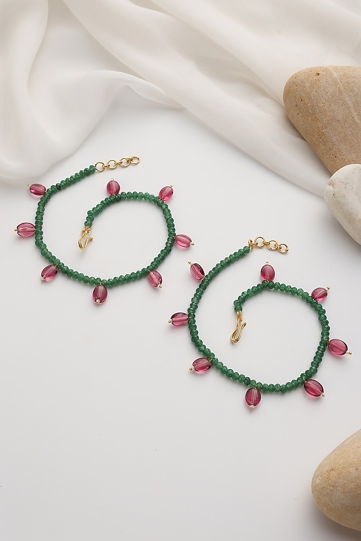 Gold Finish Green & Red Beaded Handcrafted Anklets (Set Of 2) by Swabhimann Jewellery at Pernia's Pop Up Shop
