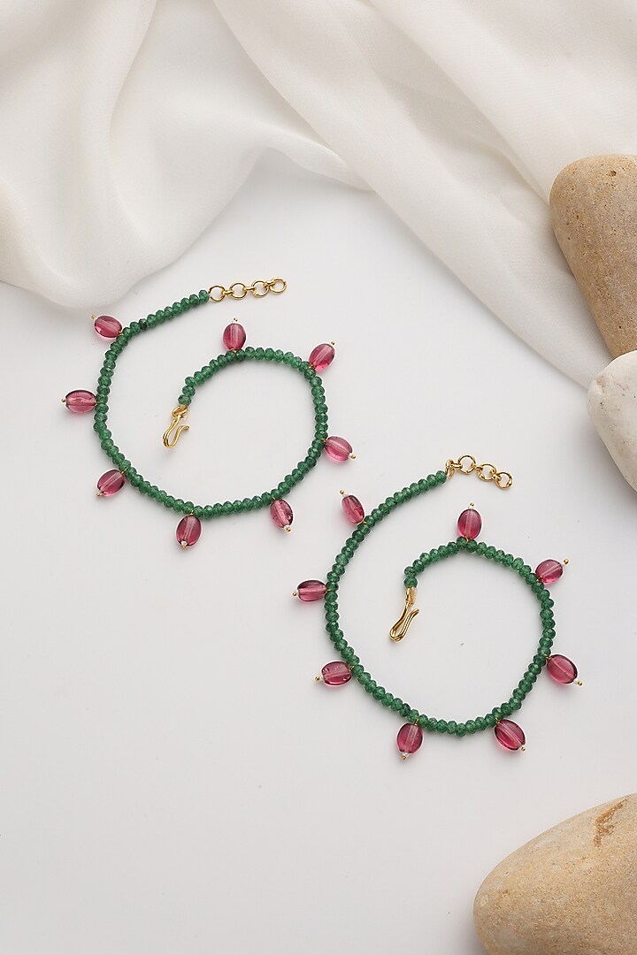 Gold Finish Green & Red Beaded Handcrafted Anklets (Set Of 2) by Swabhimann Jewellery at Pernia's Pop Up Shop