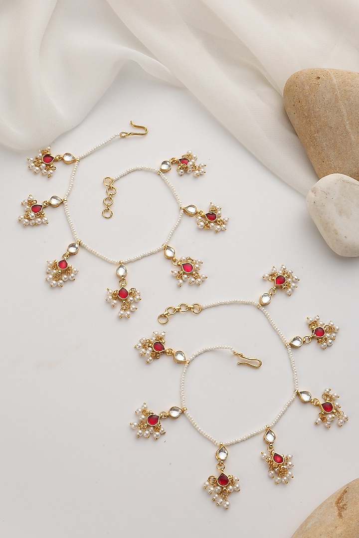 Gold Finish Red Kundan Polki Handcrafted Anklets (Set Of 2) by Swabhimann Jewellery at Pernia's Pop Up Shop