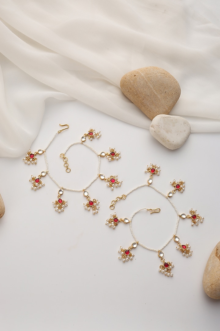 Gold Finish Red Kundan Polki Handcrafted Anklets (Set Of 2) by Swabhimann Jewellery at Pernia's Pop Up Shop