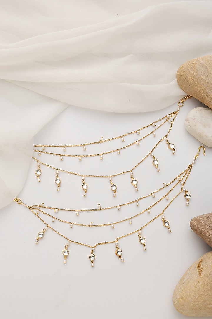 Gold Finish Kundan Polki & Pearl Handcrafted Anklets (Set Of 2) by Swabhimann Jewellery at Pernia's Pop Up Shop